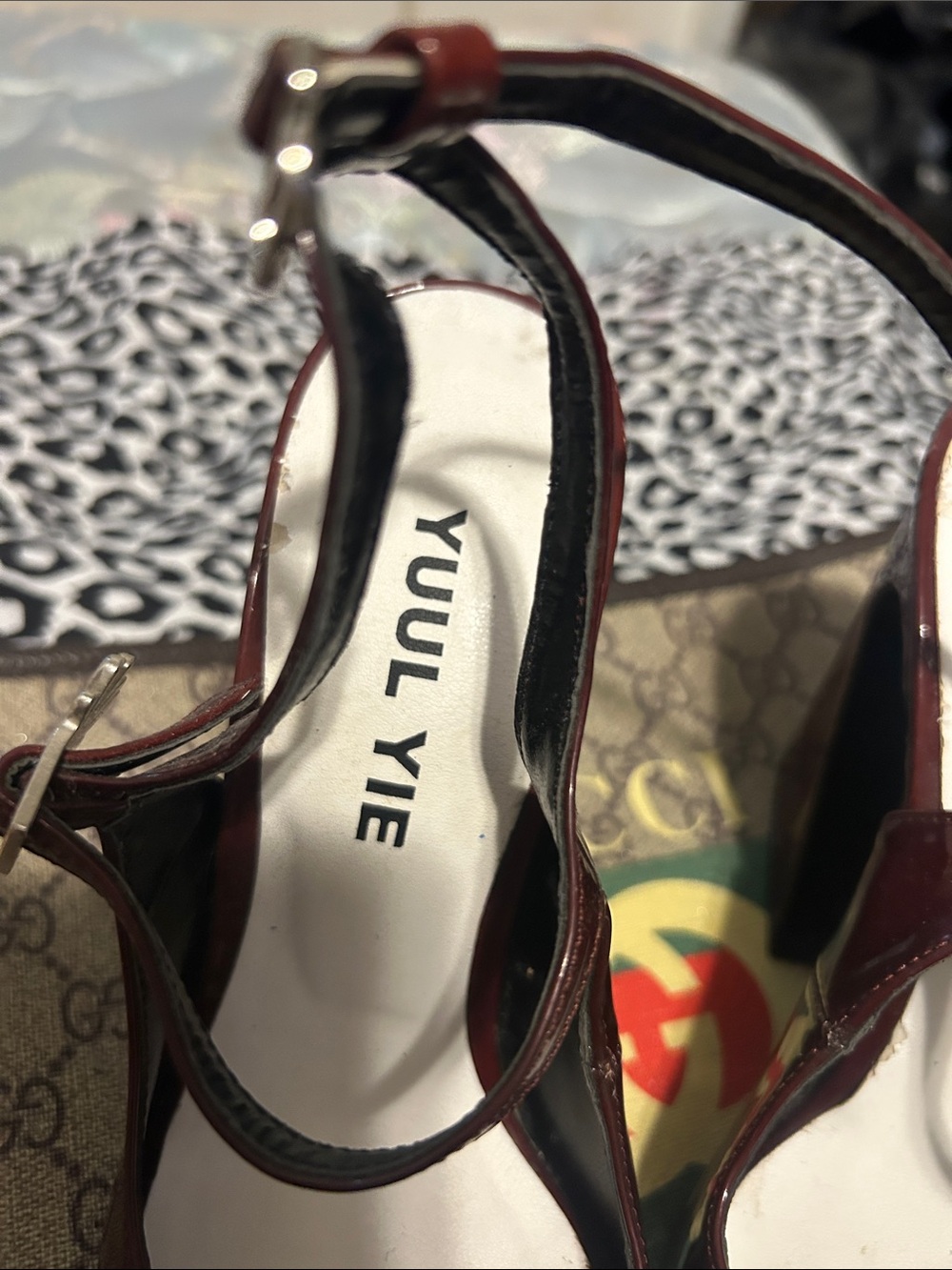 Women's  yuul yie Burgundy Patent Leather Block Heel Sandals